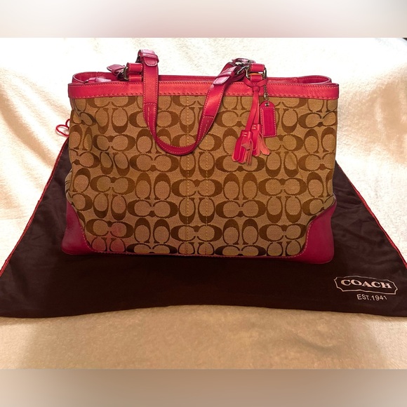 Coach Handbags - Coach Signature Canvas Pink Leather Trim Business Tote Laptop Work Bag F6432